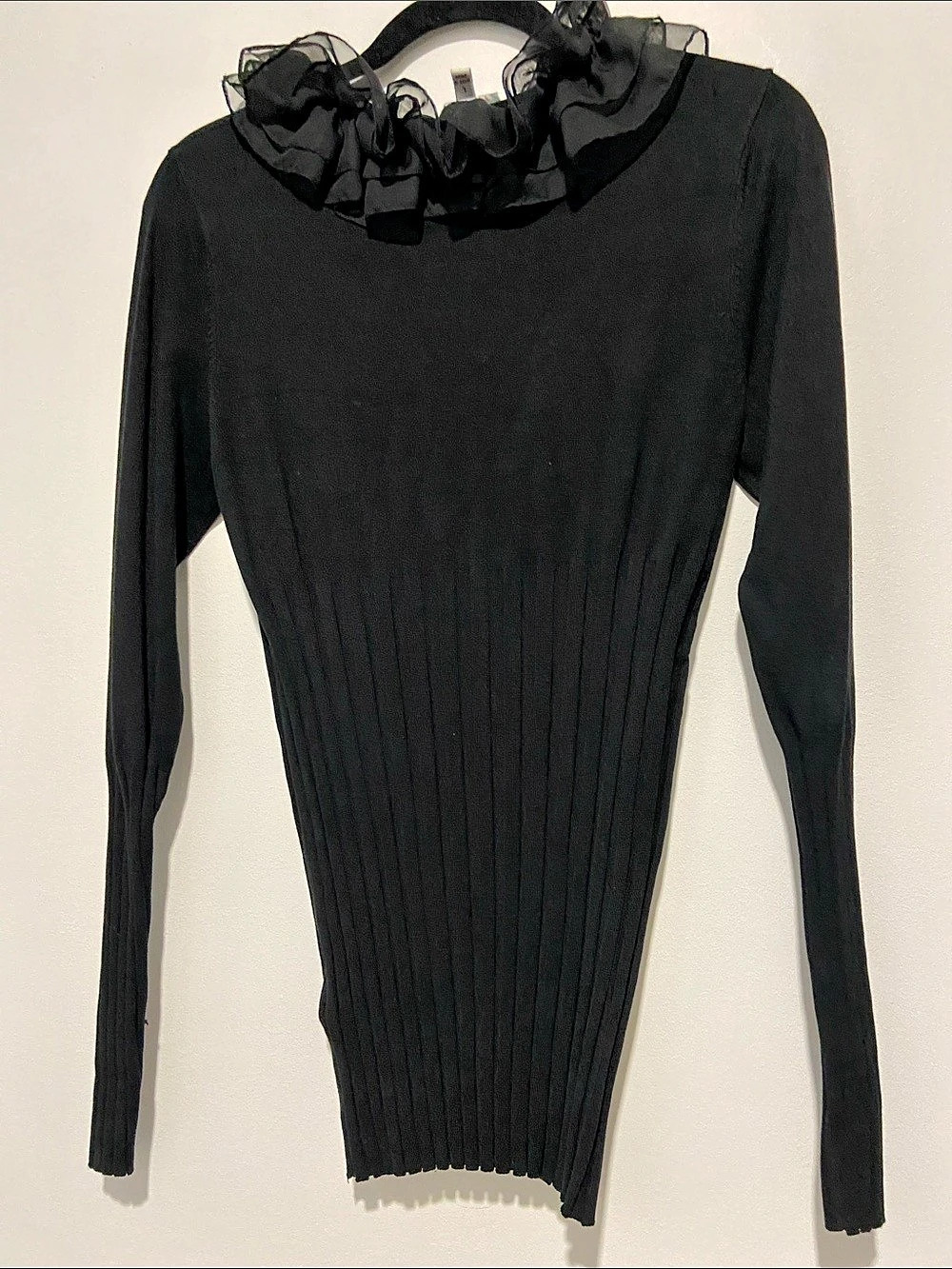 Cache Black Ruffle Neck Ribbed Sweater Size Large - Picture 3 of 6